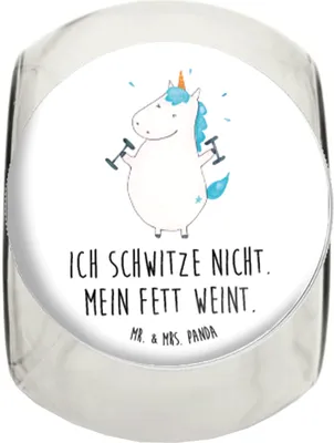 Produktbild von Mr. & Mrs. Panda Bonboniere Einhorn Fitness XL 2000ml - Weiß - Geschenk, glasbehälter, Einhörner, Lebensmittelbehälter, Vorratsglas, Teedose, Sport, Vorratsbehälter, Gym