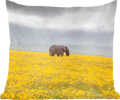 Produktbild von MuchoWow® Zierkissen Sofakissen Wohnzimmer Dekokissen 60x60 cm Elefant - Blumen - Natur - Gelb - Tiere - Sitzfläche - Foto Polster