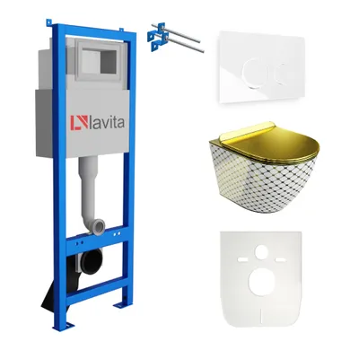 Produktbild von Lavita LAV 101 Vorwandelement für WC 40cm + Wand Hänge Tiefspül WC SOFI SLIM CHECKED GOLD Spülrandlos + Bedienplatte LAV 200.4.1 Weiß | Komplettset | Unterputz Spülkasten | Toilette Komplett Sett