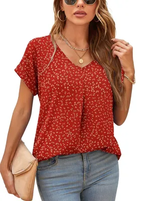 Imagen del producto de Blusa con cuello en V - Mangas cortas - Chiffon de verano - Estampado floral - Roja
