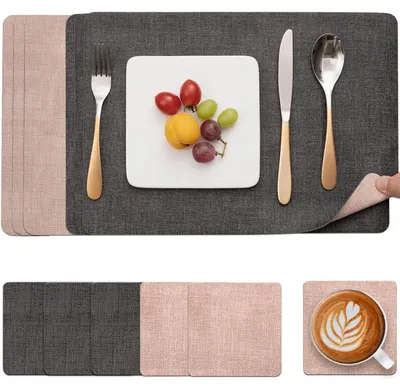 Productafbeelding van Tafelset, vaatwasmachinebestendig, kunstleer, antislip, set van 6, grijs, roze. Set van 6
