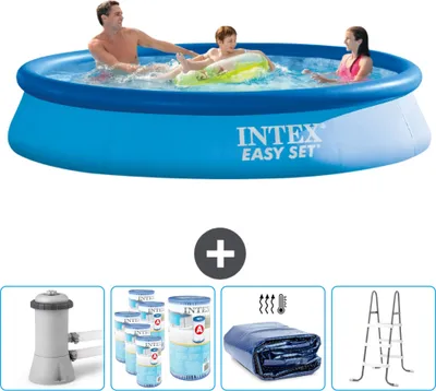 Produktbild von Intex runder aufblasbarer Easy Set-Schwimmpool – 366 x 76 cm – Blau – inklusive Pumpe Filter - Sonnensegel - Leiter