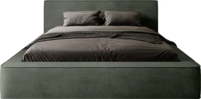 A bed with pillows and a blanket, shown from the front.