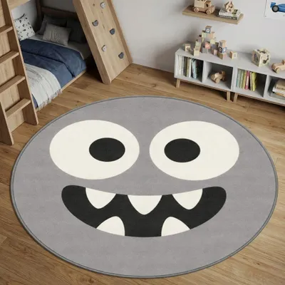 Produktbild von Spielteppich Grau mit Monster Gesicht Größe - 120 cm Rund