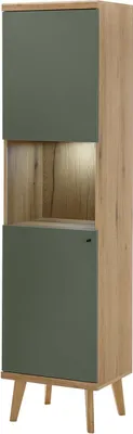 A tall, narrow cabinet with two green doors and an open shelf in the middle with lighting.