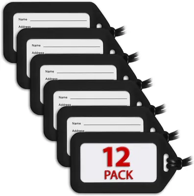 Produktbild von Kofferzubehör Gepäckanhänger 12er-Pack, schwarz, langlebiges Material, für Koffer und Rucksack, für Urlaub und