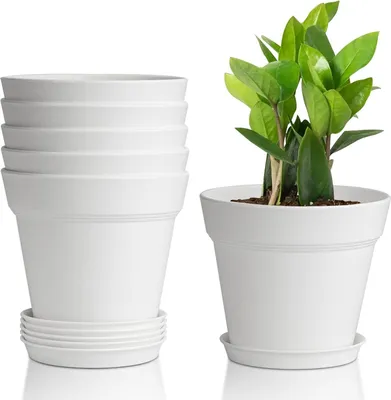 Image de Pot de fleurs en plastique de 12,5 cm avec soucoupe, lot de 6 cache-pots en plastique pour herbes aromatiques avec plusieurs trous de drainage, pot de fleurs pour l'intérieur et le balcon, cactus, blanc