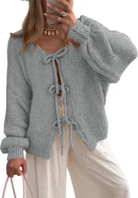 Produktbild von ASKSA Damen Strickjacke Schleife Vorne Strick Cardigan Strickpullover Puffaermel Herbst Winter Open Front Pullover Locker Outwear (Grau,XL)