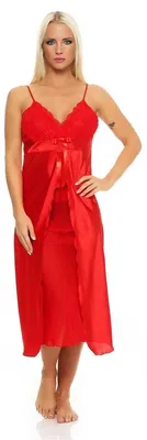 Produktbild von Damen langes Negligé Nachtwäsche Nachtkleid Dessous Satin; Rot M