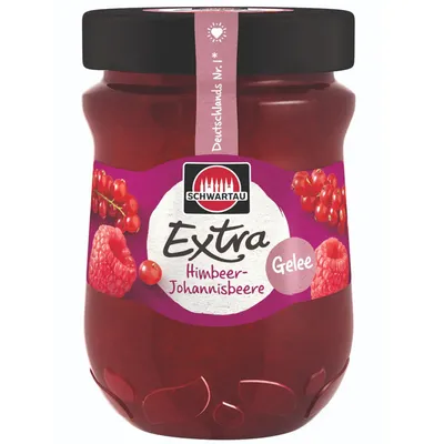 Produktbild von Schwartau Extra Himbeer Johannisbeer Fruchtaufstrich Gelee vegan 340g