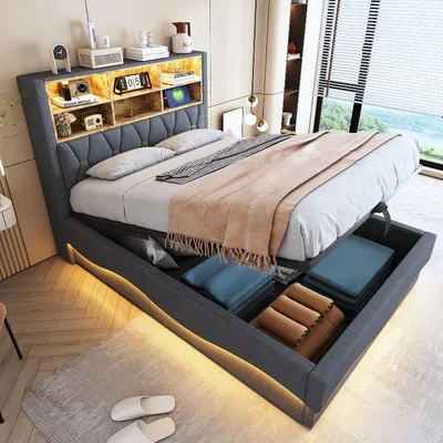 Zdjęcie produktu dla Łóżko tapicerowane o wymiarach 140x200 cm z hydraulicznym pojemnikiem, listwą LED sterowaną aplikacją, portem USB do ładowania i obiciem z lnu w kolorze szarym