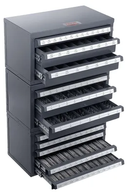 Obrázek produktu pro Skříňka na vrtáky VEVOR, třídílná, tři zásuvky pro 1/16" až 1/2" a velikosti písmen A až Z, organizér na vrtáky s pěti zásuvkami pro měřidla drátu č. 1 až č. 60, stohovatelná skříňka