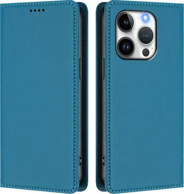 Immagine prodotto di Custodia in pelle per iPhone 14 Pro, custodia flip magnetica in Finto cuoio con supporto Lake blu