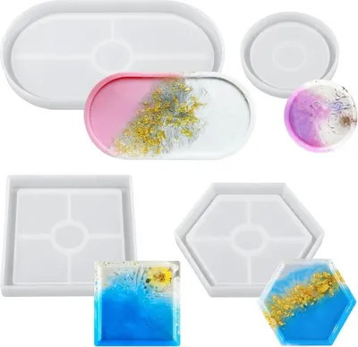 Productafbeelding van Siliconen vormset, 4 stuks: onderzetters en trayvormen, rond, vierkant, hexagonaal, voor epoxyhars, doe-het-zelf kunst, decoratie voor thuis