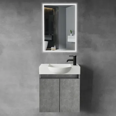 Produktbild von Alpenberger Waschbecken mit Unterschrank 55cm + LED Spiegel 45x70 Gäste-WC, Keramik-Set mit LED Spiegel, Touch on/off, energieeffizient