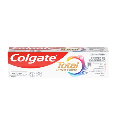 A tube of Colgate Total Original toothpaste on a white background.