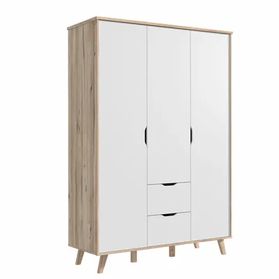 Produktbild von Kleiderschrank >VANKKA< 2 Schübe, Planked Eiche Nachbildung / Weiss - 139,4x201,5x52,7cm (B/H/T)