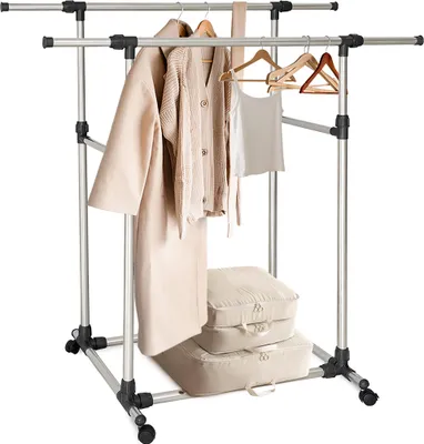 Image de Porte-vêtements à roulettes Relaxdays, double tringle avec tablette, hauteur réglable de 90 à 160 cm, largeur de 93 à 157 cm, argent/noir