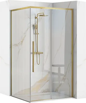 A modern shower cabin with a gold frame and marble-effect walls.