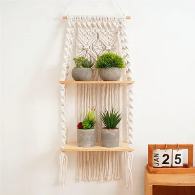 Produktbild von Makramee-Regal, Boho-Regal, handgewebtes Wandregal, zweistöckig, Boho-Wandregal für Wohnzimmer, Schlafzimmer, Balkon, Flur