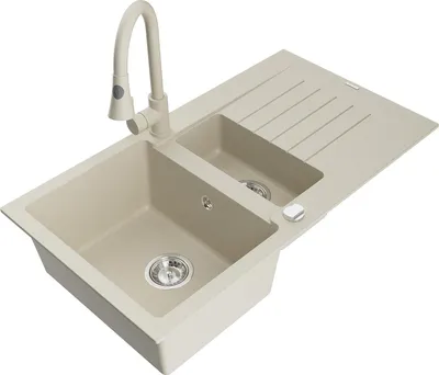 Produktbild von Mexen Matias 1,5-Becken-Granitspüle mit Abtropffläche und Mischbatterie Elia, Beige - 6502-69-670101-69