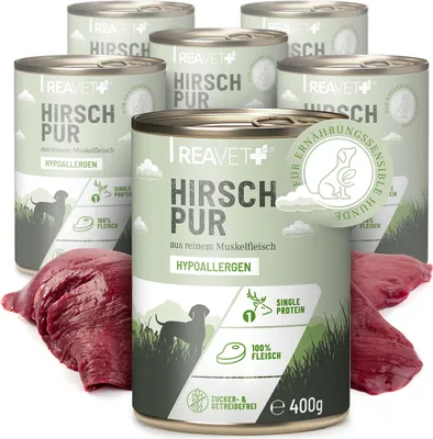 Produktbild von REAVET Premium Hunde Nassfutter - Hirsch Pur 6 x 400g I Reines Muskelfleisch, Hypoallergen, ohne Getreide & Zusätze, Hundenassfutter sensitiv für Allergiker