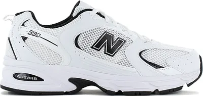 A side view of a white and black New Balance sneaker.