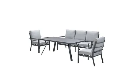 Produktbild von optimized_title": "Garden Impressions Lounge-Essgarnitur Sergio, 4-teilig, carbon black/hellgrau, Alu pulverbeschichtet, wasserabweisende Kissen, witterungsbeständig. Maße: Sofa 192x75.5x85cm, Sessel 75.5x72x85cm, Tisch 170x90x68cm