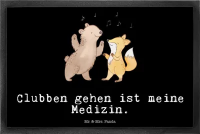 Produktbild von Mr. & Mrs. Panda Schmutzmatte Bär & Fuchs Disco 40 x 60 cm - Schwarz - Geschenk, Clubs, Clubbing, Feiern, fußmatte, Fussmatte, Fußabstreifer, Tanzen, abstreifer