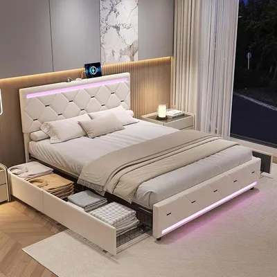 Imagen del producto de Cama de 160 x 200 cm, cama doble tapizada con 4 cajones, cama con LED, espacio de almacenamiento y función de carga USB, cama juvenil tapizada, cama funcional con cabecero y somier, terciopelo, sin colchón, color beige