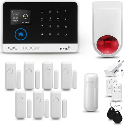 Produktbild von HUXGO HXA003 Alarmanlage Haus WiFi + GSM 2G mit Funk Sirene, Alarm System mit 1x Bewegungssensor und 7x Tür- Fenstersensor, Alarmanlage für Wohnung, Haus, Büro, Tuya Smartlife App