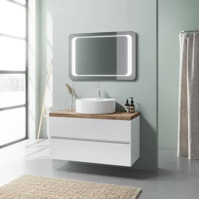 Immagine prodotto di Mobile bagno bianco lucido 100cm lavabo appoggio e specchio led | Elba