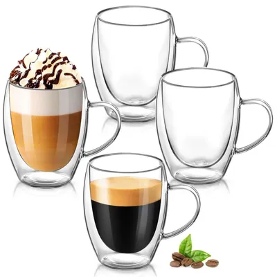 Obrázek produktu pro Sada čtyř sklenic na Latte Macchiato, objem 350 ml, dvouplášťové sklo z borosilikátu s uchem