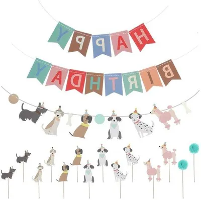 Produktbild von Happy Birthday-Banner-Set mit Hundemotiv und farbenfroher Dekoration