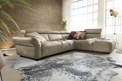 Produktbild von KAWOLA Sofa RISO Ecksofa mit motorischer Sitztiefenverstellung Leder grau Recamiere rechts