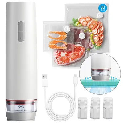 Produktbild von Lebensmittel Vakuumiergerät Handgerät mit 30 wiederverwendbaren Vakuumbeuteln, 60 kPa ,Geräuschpegel≤ 55 dB,kabellos, tragbar, für Küche & Haushalt