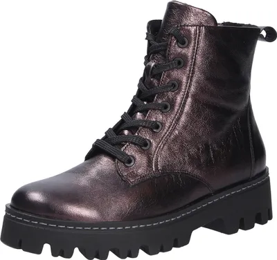 A single brown and black lace-up boot is shown against a white background.
