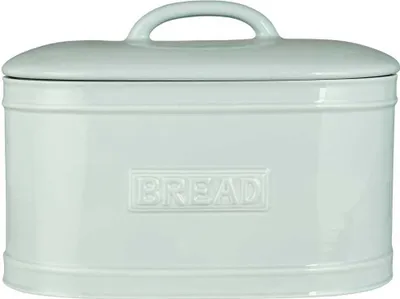 A light blue ceramic bread box with a lid and a handle.