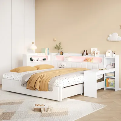 Produktbild von Tagesbett 90-180x200, gepolstert, USB, LED, Ausziehbett, Schreibtisch, flexibel (Weiß)