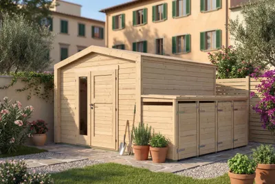 Productafbeelding van Tuinhuis Killarney, 300x300 cm, in natuurlijke staat, 28 mm dik, afvalcontainerbox voor 4 containers, AI-gegenereerde afbeelding