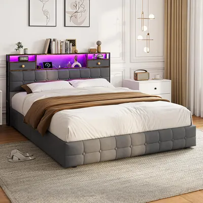 Produktbild von ProximaX Polsterbett 160x200 Grau Samt mit Stauraum, RGB LED & USB-C