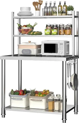 Imagen del producto de Mesa de trabajo de acero inoxidable con 2 estantes, dimensiones 76x60x138 cm