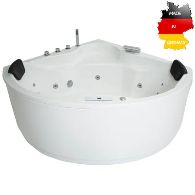 Produktbild von Basera CLASSIC Indoor Eck-Whirlpool Badewanne Nendo 149 x 149 cm mit 21 Massagedüsen, Wasserfall, LED-Ambiente, Touchpanel, Bluetooth und Radio