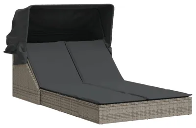 Produktbild von vidaXL Doppel-Sonnenliege mit Dach und Auflagen Grau Poly Rattan