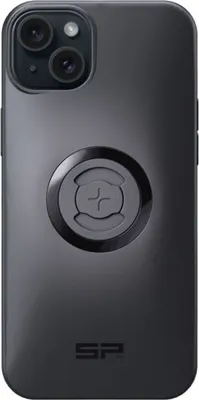 The back of a dark gray smartphone case with a circular mounting system in the center and a logo at the bottom.