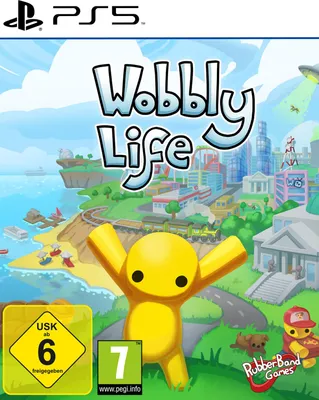 Cover art for the video game Wobbly Life on PS5, featuring a cartoonish cityscape and a yellow character.