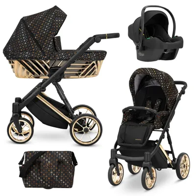 Obrázok produktu pre IVENTO GLAM detský kočík pre bábätká detská autosedačka kompletný set kočíková autosedačka set 3 v 1 (Black Style, farba rámu: Gold)