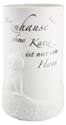 Produktbild von Gilde Tischleuchte (LED), zylindrisch, "Katzen zuhause", Katzenmotiv, Spruch, Porzellan, weiß, VE 2, H. 16 cm, D. 9 cm 32716 4063387327166