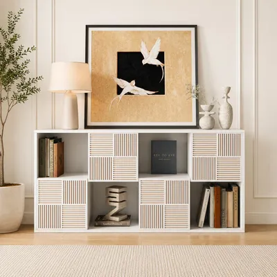 Productafbeelding van INONEFT Boekenkast, boekenkast met 4 open vakken en 4 deuren, opbergrek, geschikt voor studeerkamer, slaapkamer en woonkamer, 60 x 30 x 125 cm, AI-gegenereerde afbeelding