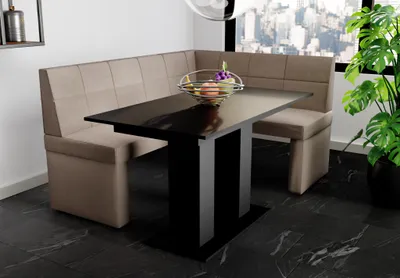 Produktbild von Eckbankgruppe 168x128 cm BLAKE L Stoff Soro Taupe / Esstisch DANTE Schwarz